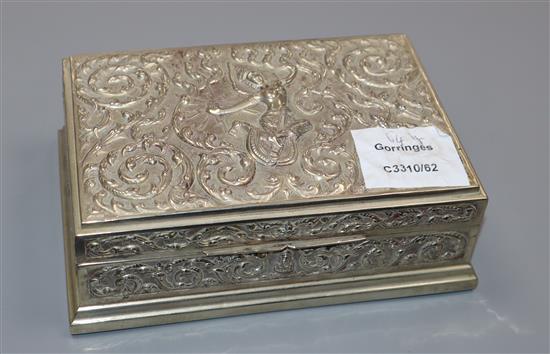 A Thai embossed white metal rectangular cigarette box, 16.1cm.